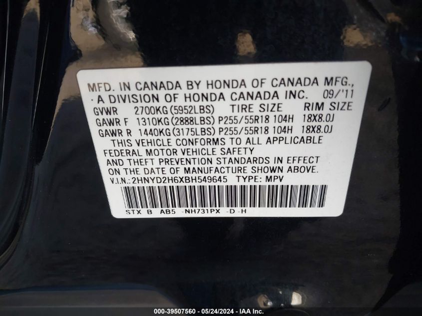 2011 Acura Mdx Technology Package VIN: 2HNYD2H6XBH549645 Lot: 39507560