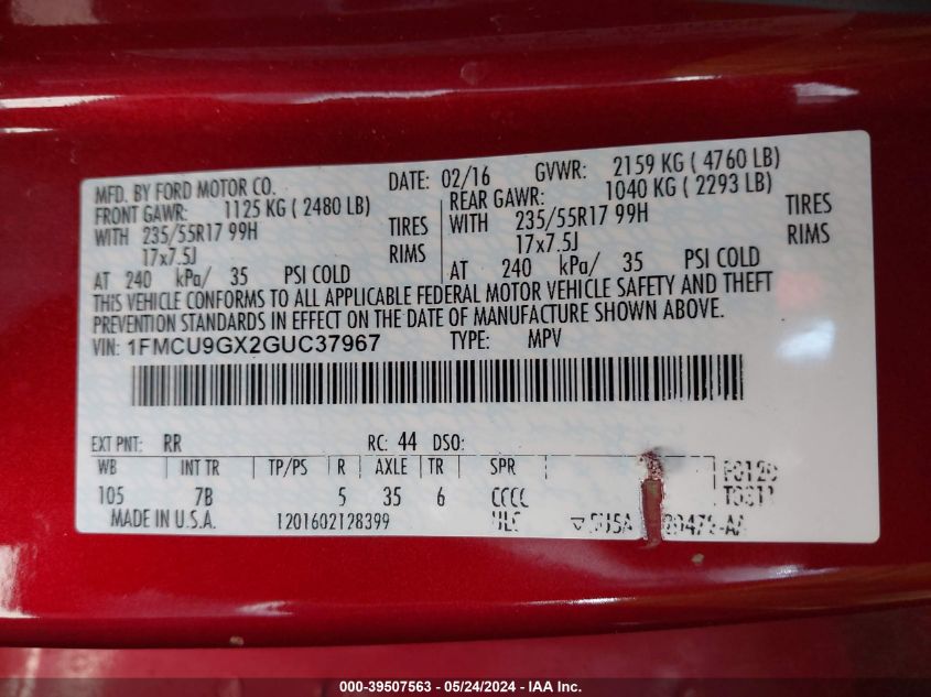 2016 Ford Escape Se VIN: 1FMCU9GX2GUC37967 Lot: 39507563