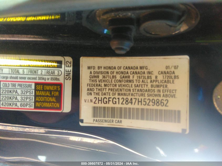2007 Honda Civic Ex VIN: 2HGFG12847H529862 Lot: 39507572