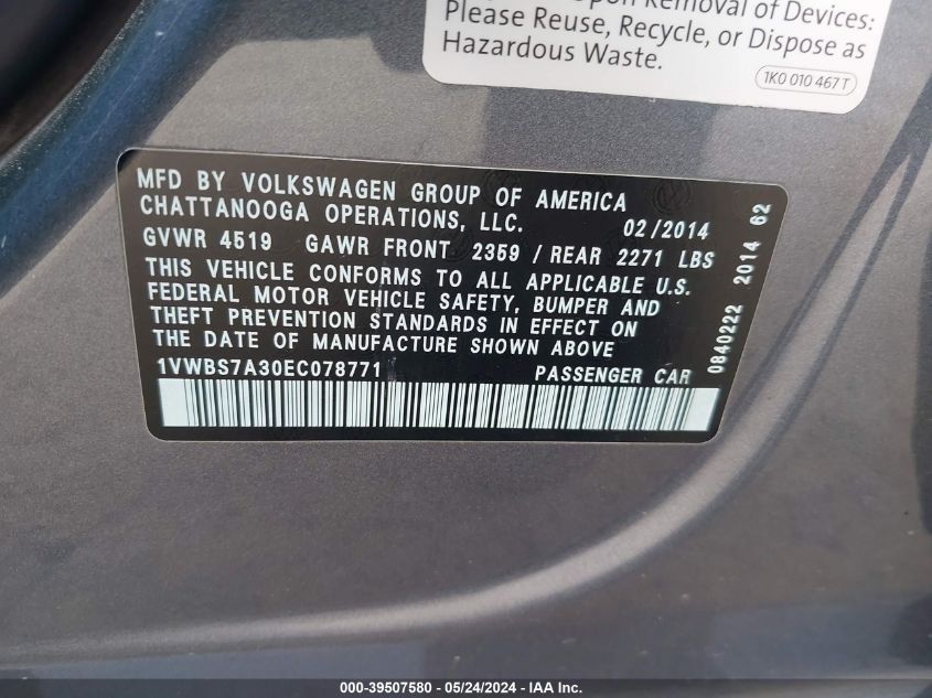 2014 Volkswagen Passat 1.8T Se VIN: 1VWBS7A30EC078771 Lot: 39507580