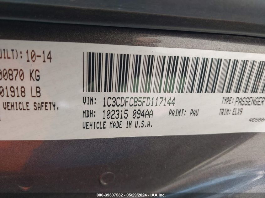 2015 Dodge Dart Limited VIN: 1C3CDFCB5FD117144 Lot: 39507582