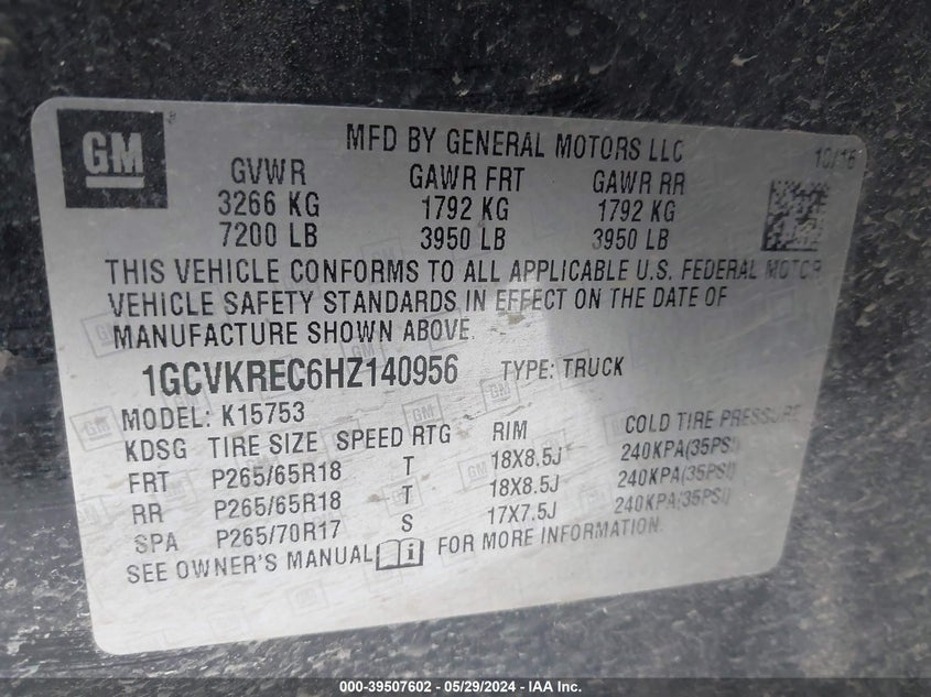 2017 Chevrolet Silverado 1500 2Lt VIN: 1GCVKREC6HZ140956 Lot: 39507602