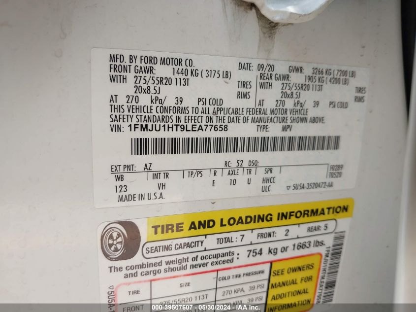 2020 Ford Expedition Xlt VIN: 1FMJU1HT9LEA77658 Lot: 39507607