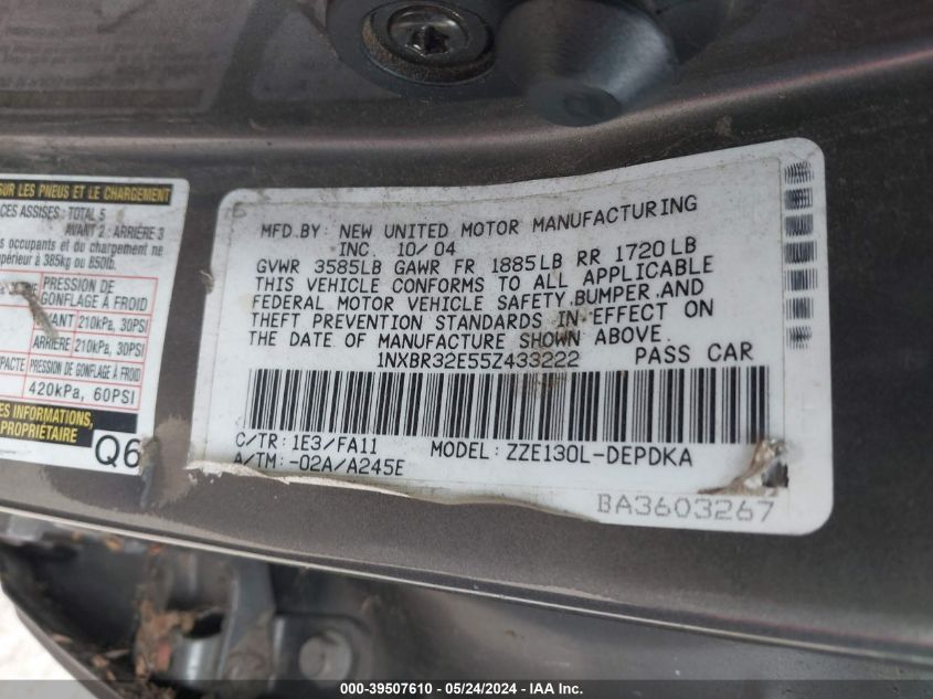 2005 Toyota Corolla Ce VIN: 1NXBR32E55Z433222 Lot: 39507610