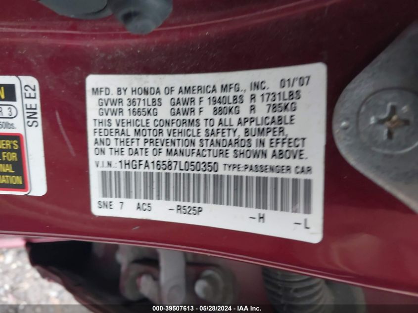 2007 Honda Civic Lx VIN: 1HGFA16587L050350 Lot: 39507613