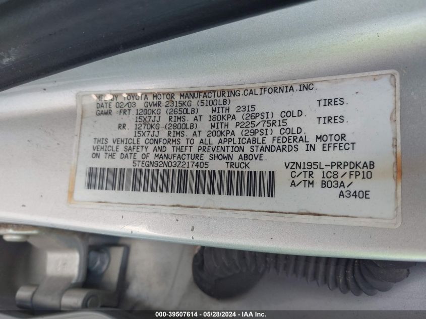 2003 Toyota Tacoma Prerunner V6 VIN: 5TEGN92N03Z217405 Lot: 39507614