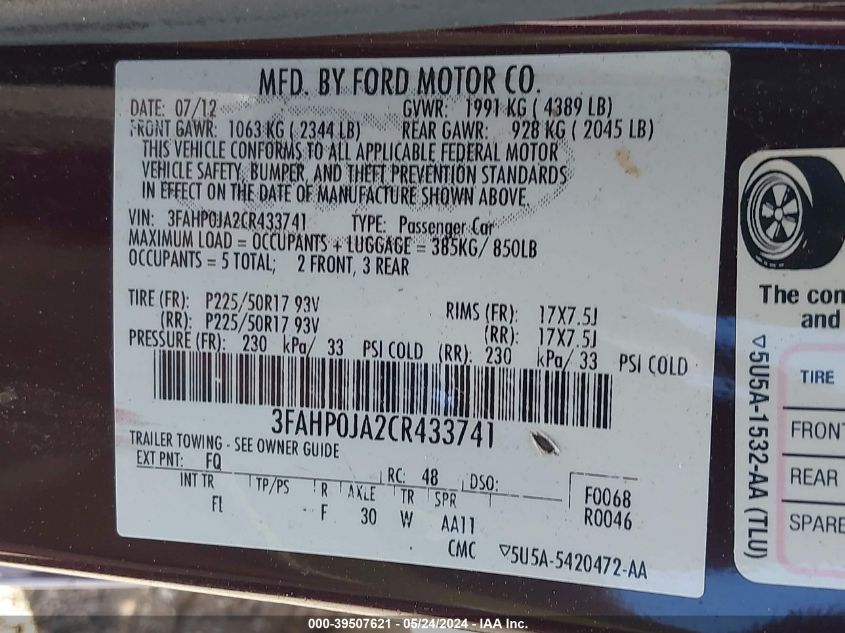 2012 Ford Fusion Sel VIN: 3FAHP0JA2CR433741 Lot: 39507621