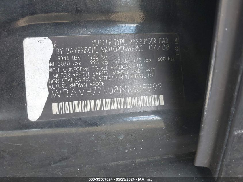 2008 BMW 335I VIN: WBAVB77508NM05992 Lot: 39507624