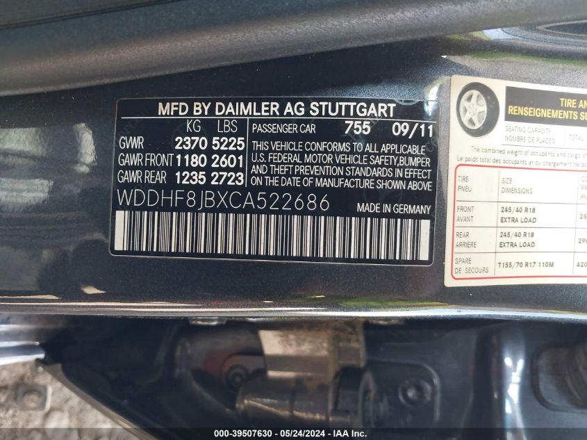 2012 Mercedes-Benz E 350 4Matic VIN: WDDHF8JBXCA522686 Lot: 39507630