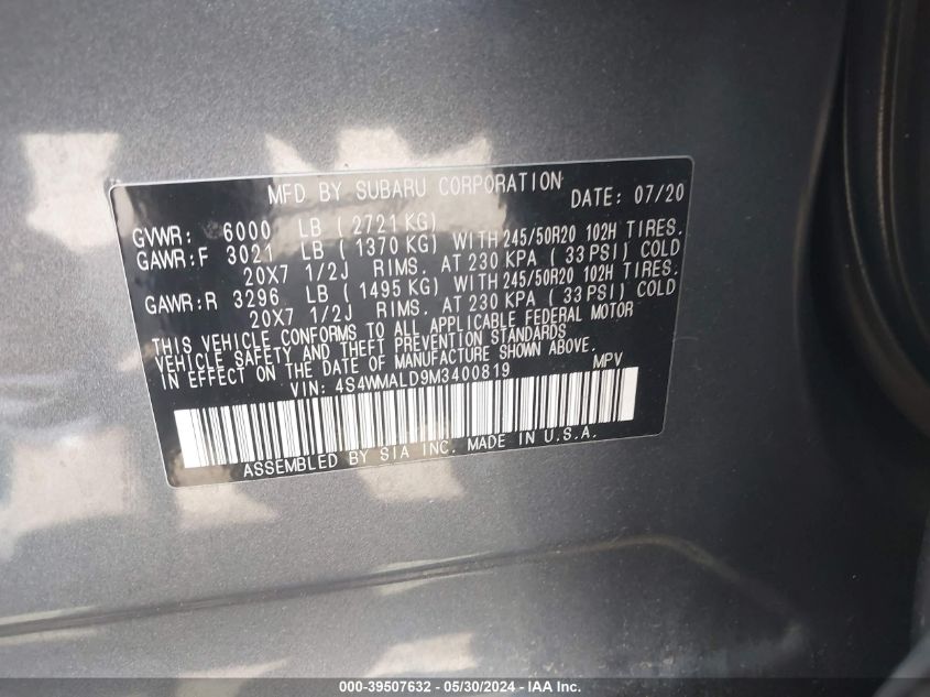 2021 SUBARU ASCENT LIMITED - 4S4WMALD9M3400819