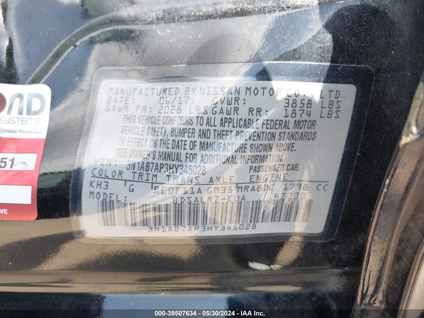 2017 Nissan Sentra Sr VIN: 3N1AB7AP3HY345028 Lot: 39507634