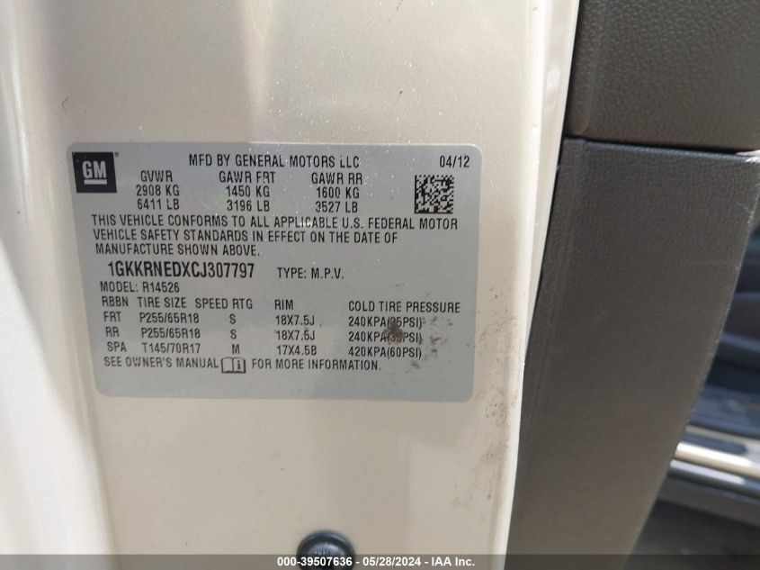 2012 GMC Acadia Sl VIN: 1GKKRNEDXCJ307797 Lot: 39507636