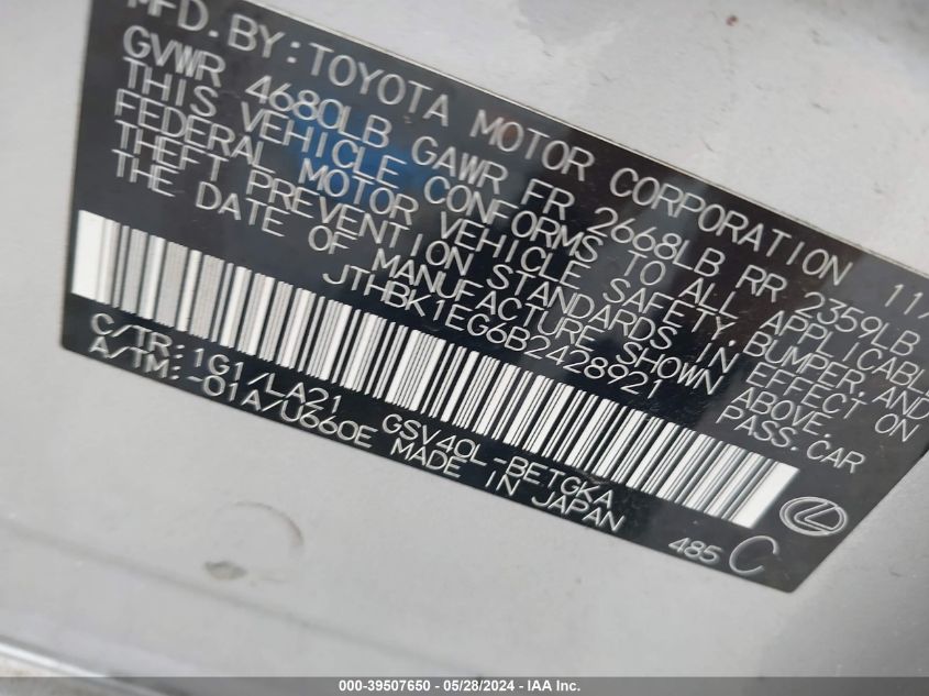 2011 Lexus Es 350 VIN: JTHBK1EG6B2428921 Lot: 39507650