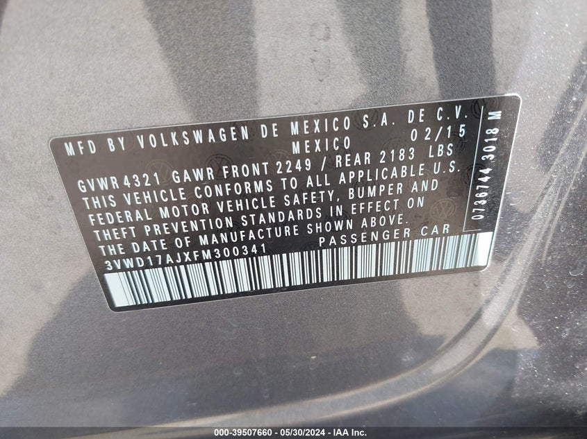 2015 Volkswagen Jetta 1.8T Se VIN: 3VWD17AJXFM300341 Lot: 39507660