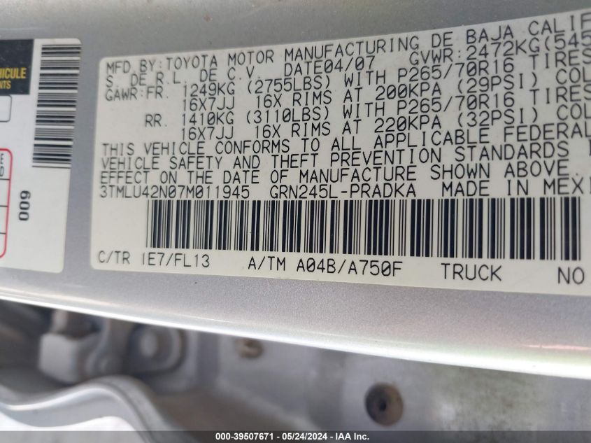 2007 Toyota Tacoma Base V6 VIN: 3TMLU42N07M011945 Lot: 39507671