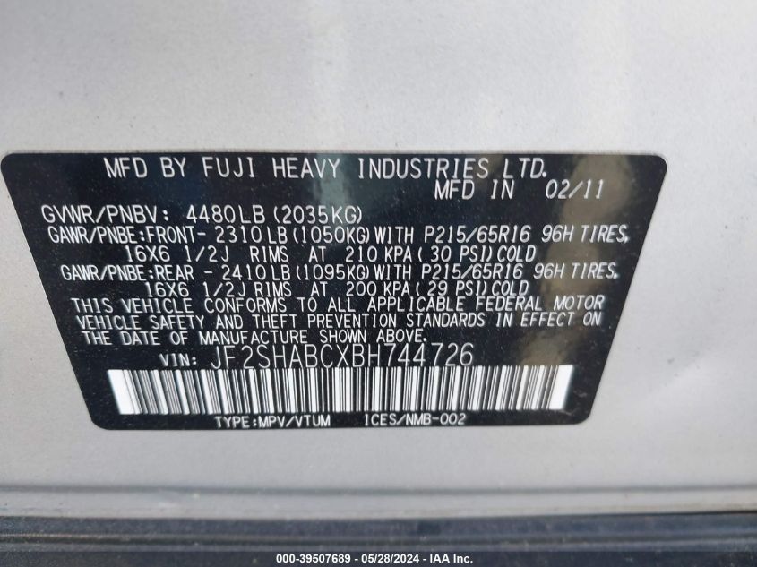 2011 Subaru Forester 2.5X VIN: JF2SHABCXBH744726 Lot: 39507689