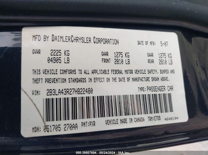 2007 Dodge Charger VIN: 2B3LA43R27H822480 Lot: 39507694