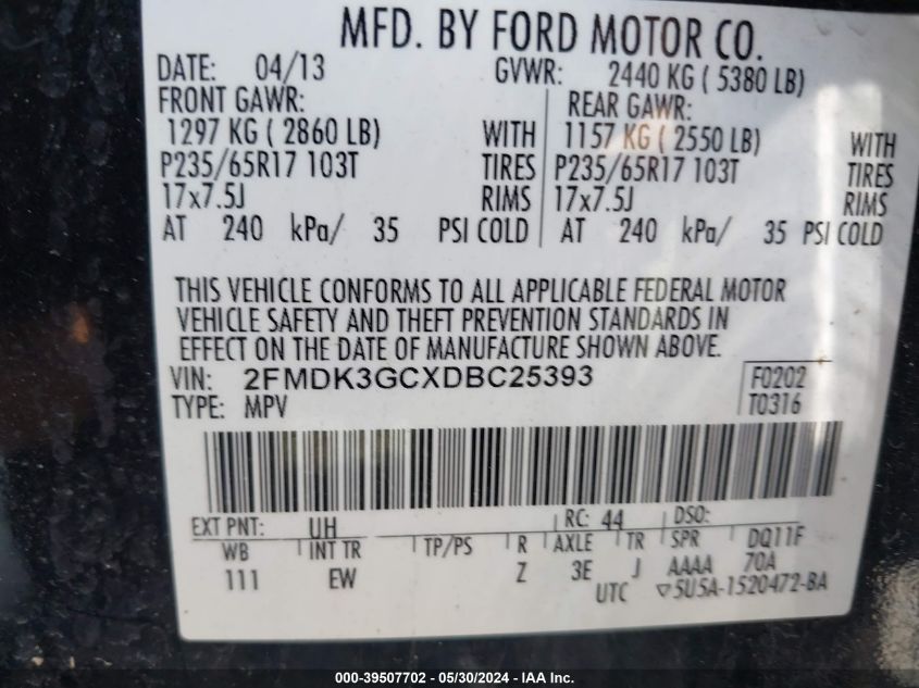 2013 Ford Edge Se VIN: 2FMDK3GCXDBC25393 Lot: 39507702