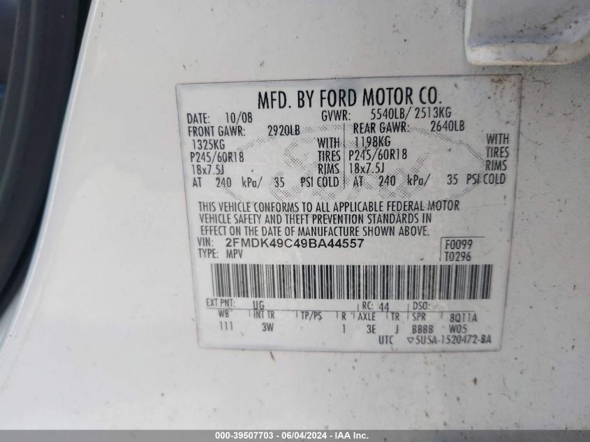 2009 Ford Edge Limited VIN: 2FMDK49C49BA44557 Lot: 39507703