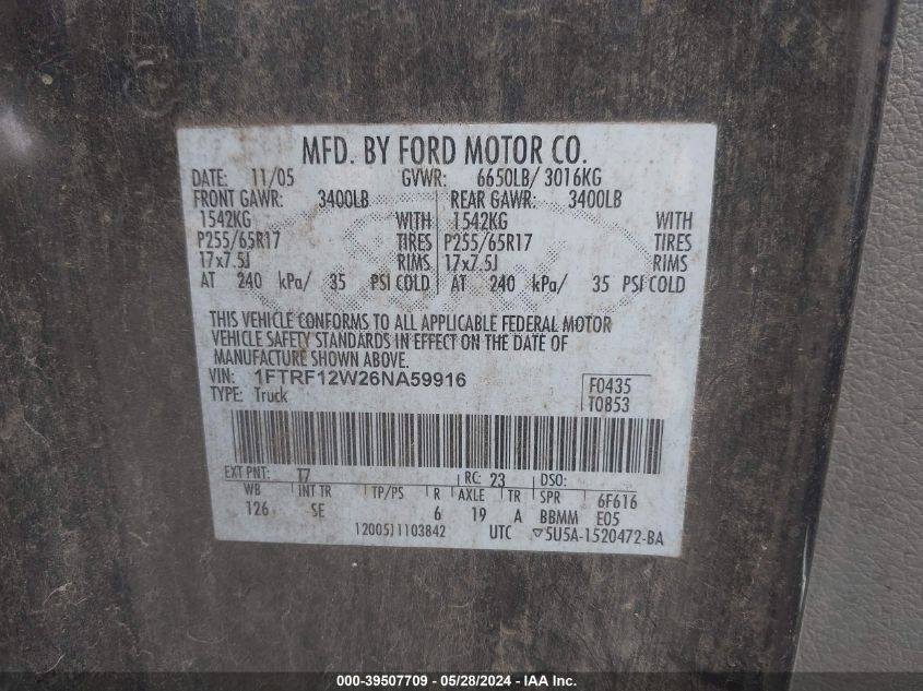 2006 Ford F-150 Stx/Xl/Xlt VIN: 1FTRF12W26NA59916 Lot: 39507709