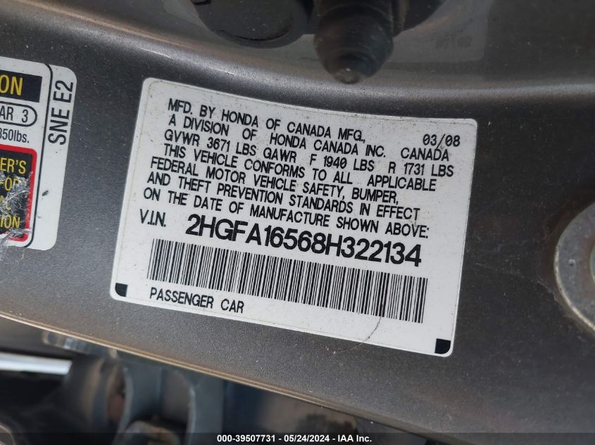 2008 Honda Civic Lx VIN: 2HGFA16568H322134 Lot: 39507731