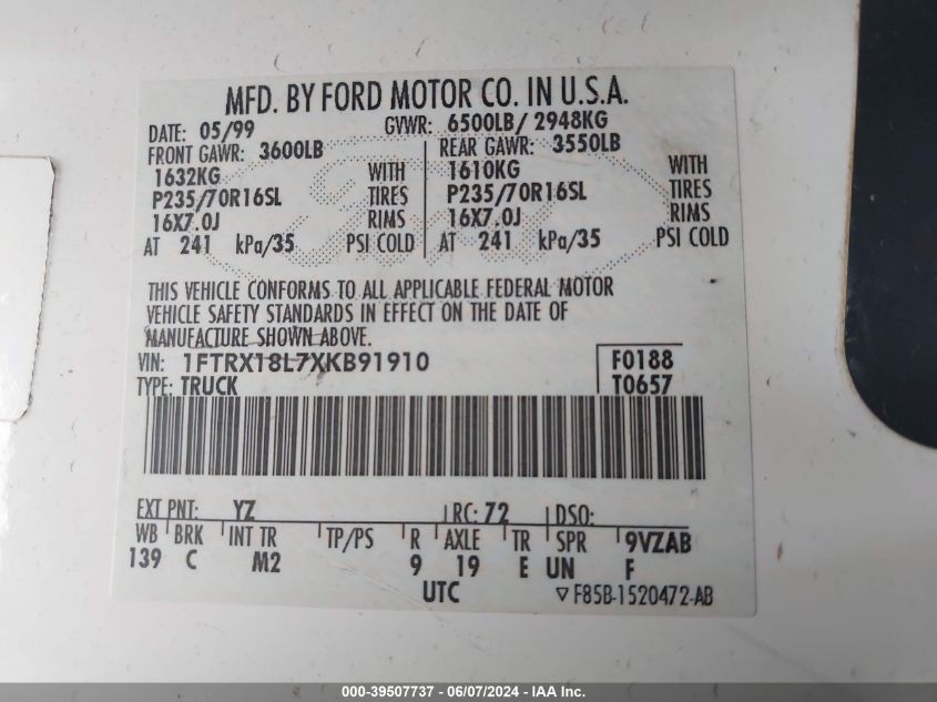 1999 Ford F-150 Lariat/Xl/Xlt VIN: 1FTRX18L7XKB91910 Lot: 39507737