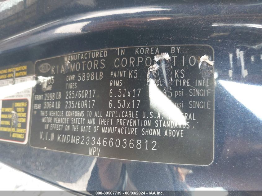 2006 Kia Sedona Ex/Lx VIN: KNDMB233466036812 Lot: 39507739