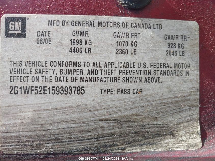 2005 Chevrolet Impala VIN: 2G1WF52E159393785 Lot: 39507741