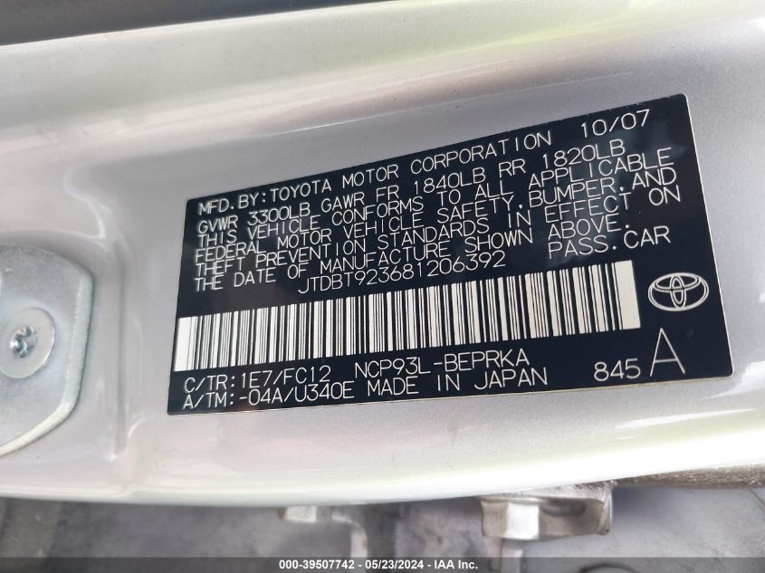 2008 Toyota Yaris VIN: JTDBT923681206392 Lot: 39507742