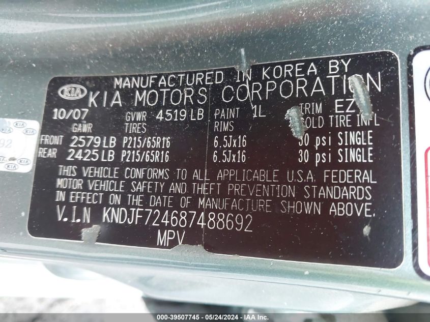 2008 Kia Sportage Lx VIN: KNDJF724687488692 Lot: 39507745