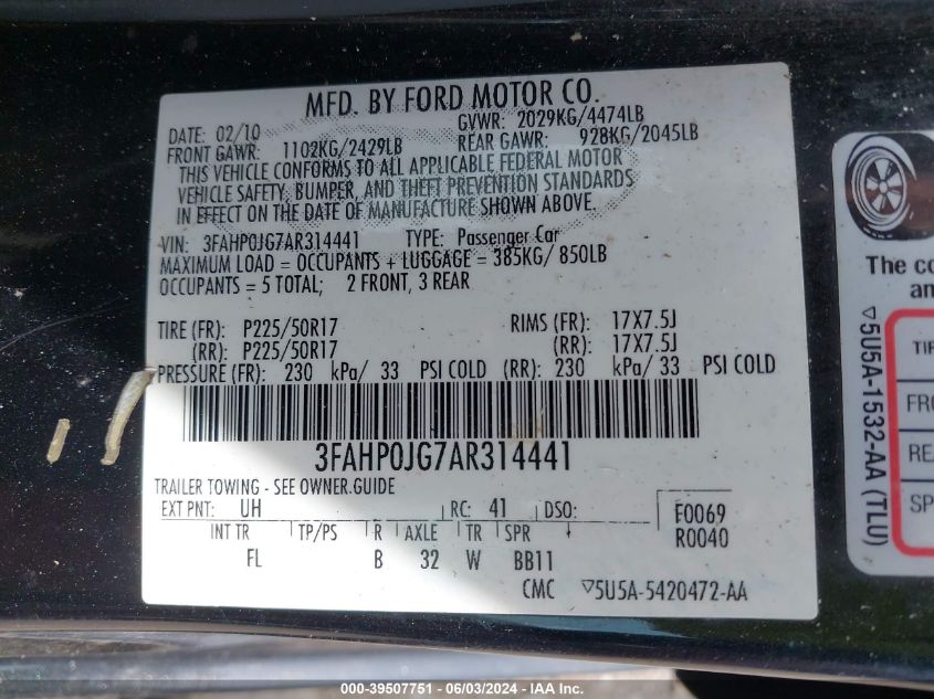 2010 Ford Fusion Sel VIN: 3FAHP0JG7AR314441 Lot: 39507751