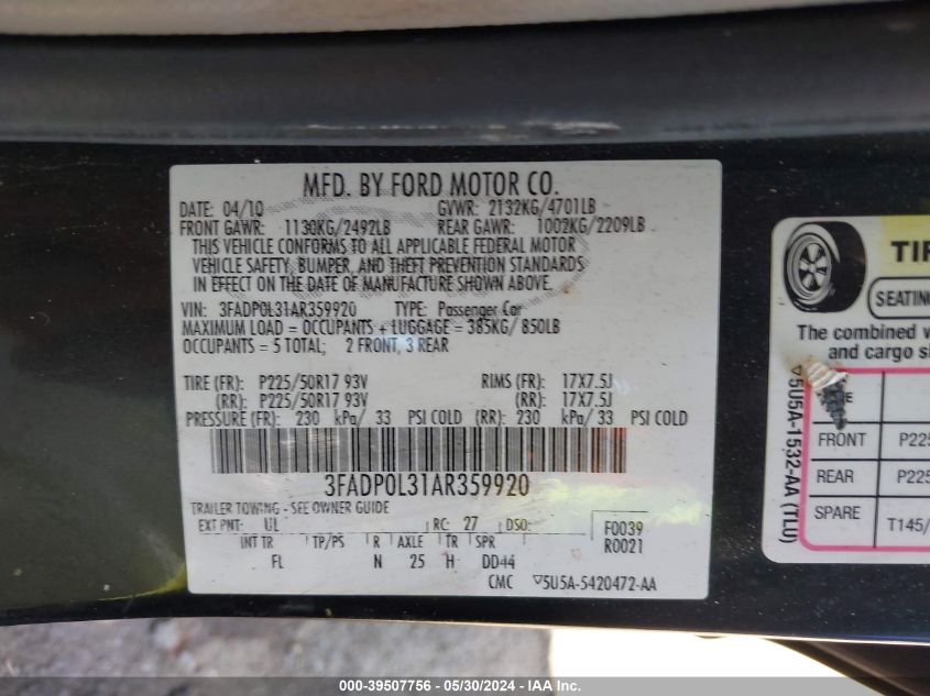 2010 Ford Fusion Hybrid VIN: 3FADP0L31AR359920 Lot: 39507756