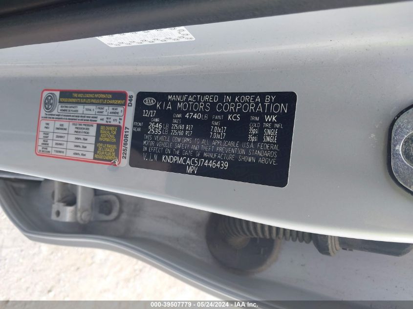 2018 Kia Sportage Lx VIN: KNDPMCAC5J7446439 Lot: 39507779