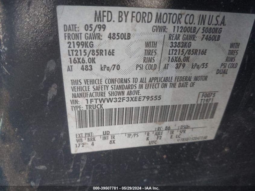 1999 Ford F-350 Lariat/Xl/Xlt VIN: 1FTWW32F3XEE79555 Lot: 39507781