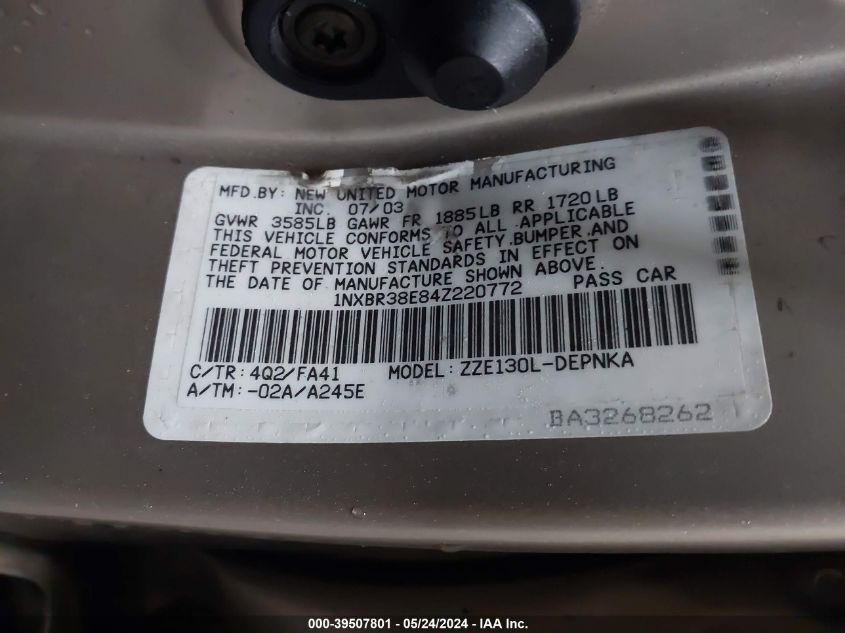 2004 Toyota Corolla Le VIN: 1NXBR38E84Z220772 Lot: 39507801