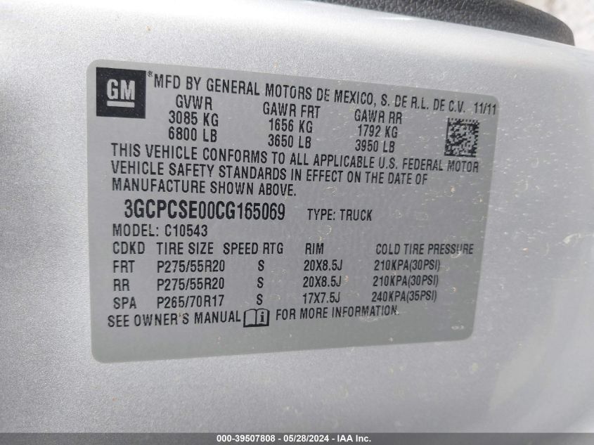 2012 Chevrolet Silverado 1500 Lt VIN: 3GCPCSE00CG165069 Lot: 39507808