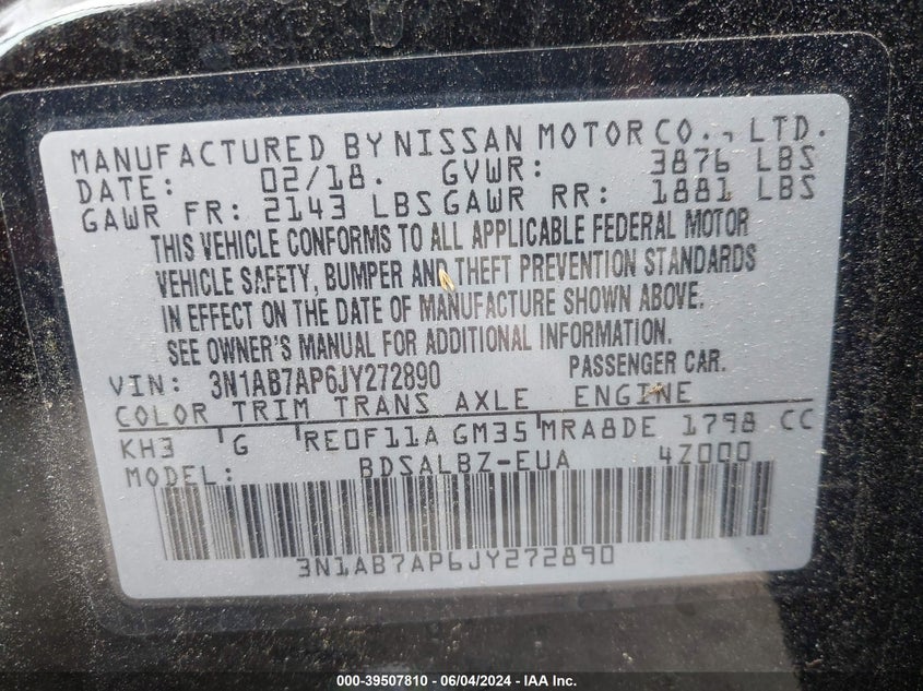 2018 Nissan Sentra S VIN: 3N1AB7AP6JY272890 Lot: 39507810