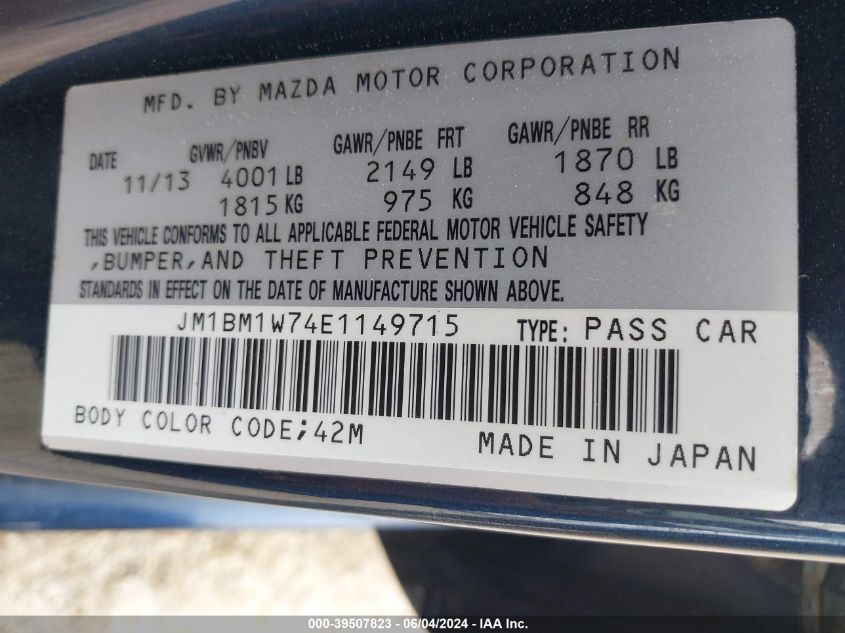 2014 Mazda Mazda3 I Grand Touring VIN: JM1BM1W74E1149715 Lot: 39507823