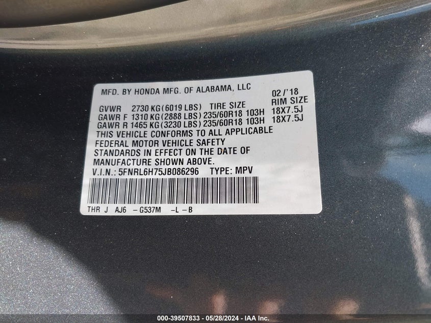 2018 Honda Odyssey Ex-L VIN: 5FNRL6H75JB086296 Lot: 39507833