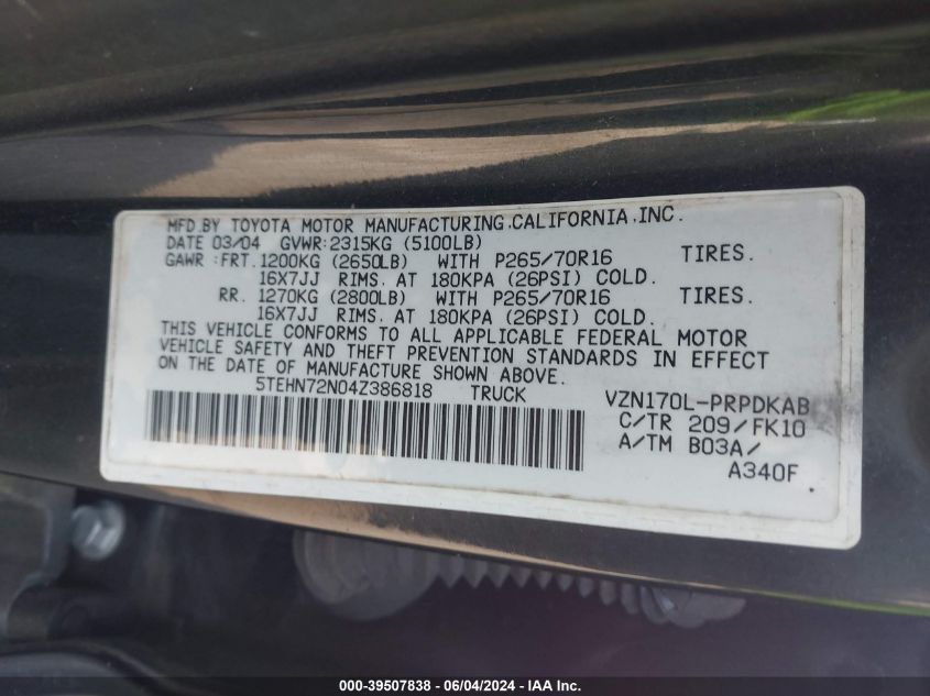2004 Toyota Tacoma Base V6 VIN: 5TEHN72N04Z386818 Lot: 39507838
