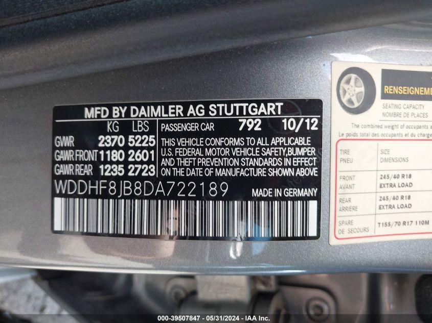 2013 Mercedes-Benz E 350 4Matic VIN: WDDHF8JB8DA722189 Lot: 39507847