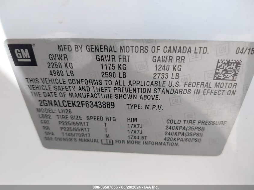 2015 Chevrolet Equinox 2Lt VIN: 2GNALCEK2F6343889 Lot: 39507856