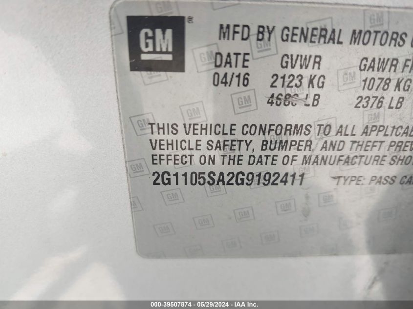 2016 Chevrolet Impala 1Lt VIN: 2G1105SA2G9192411 Lot: 39507874