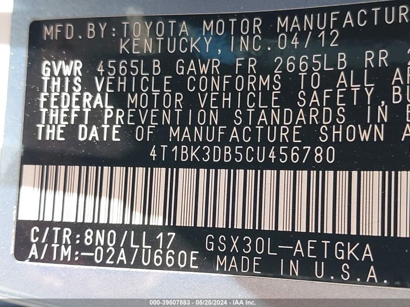 2012 Toyota Avalon VIN: 4T1BK3DB5CU456780 Lot: 39507883