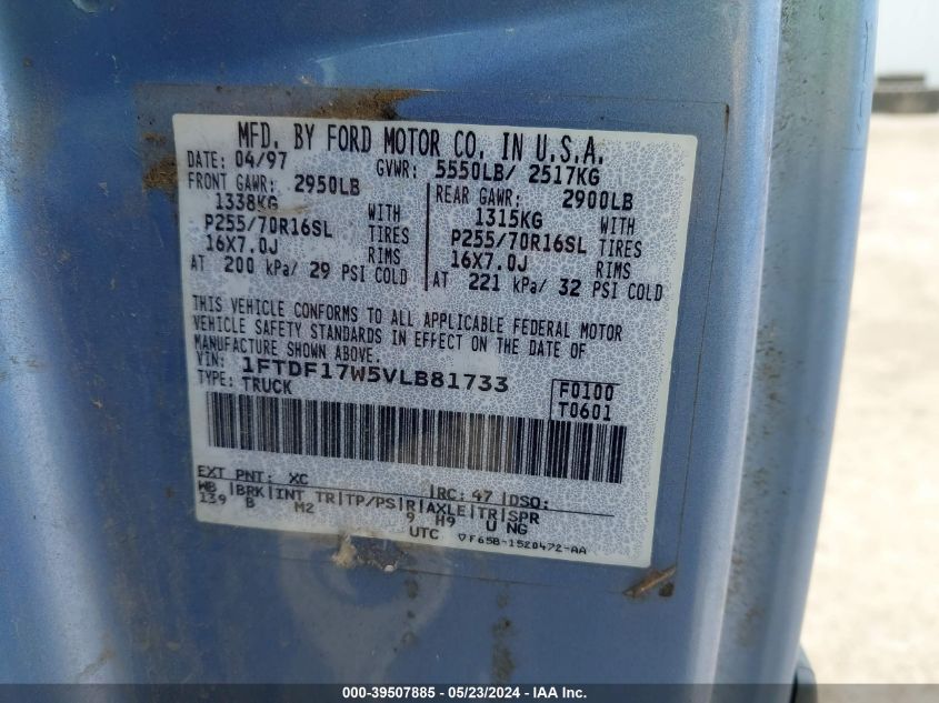 1997 Ford F-150 Lariat/Standard/Xl/Xlt VIN: 1FTDF17W5VLB81733 Lot: 39507885
