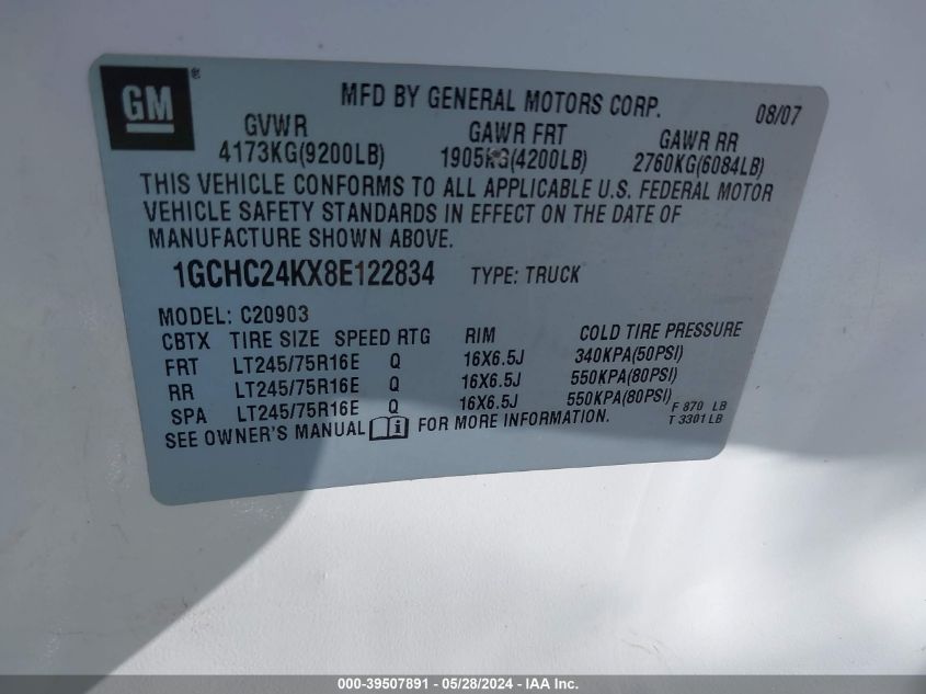 2008 Chevrolet Silverado 2500Hd Work Truck VIN: 1GCHC24KX8E122834 Lot: 39507891