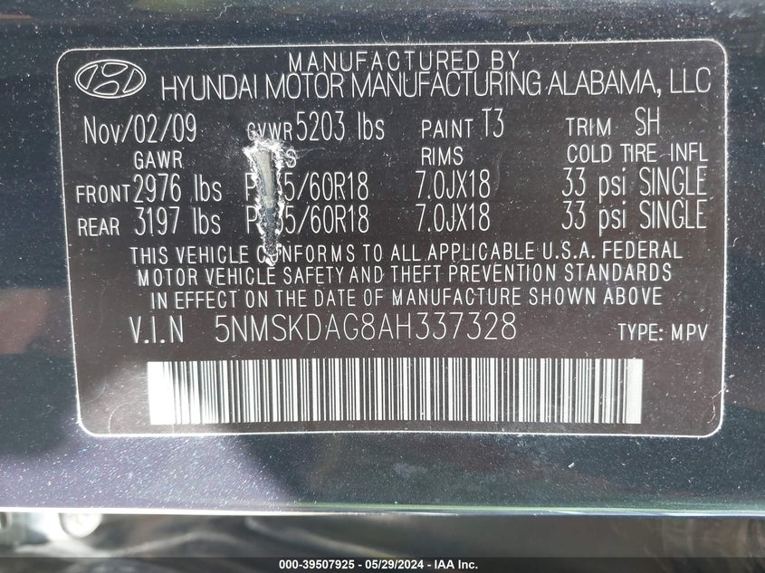 2010 Hyundai Santa Fe Limited V6 VIN: 5NMSKDAG8AH337328 Lot: 39507925
