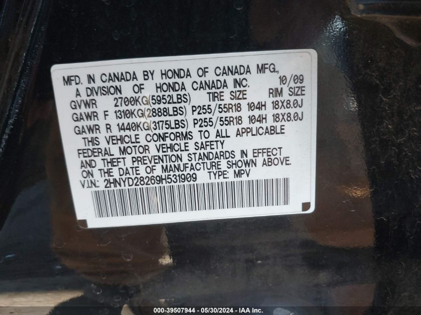 2009 Acura Mdx VIN: 2HNYD28269H531909 Lot: 39507944