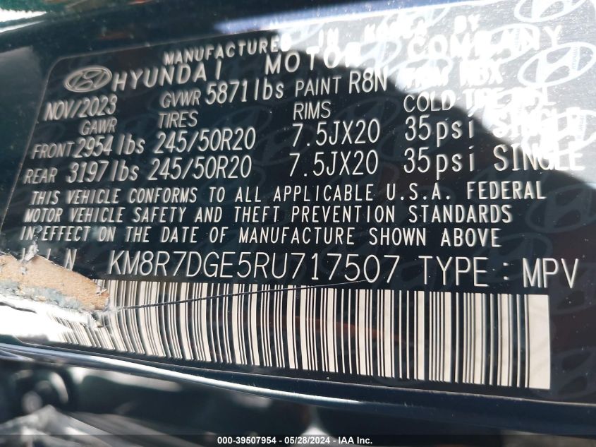 2024 Hyundai Palisade Calligraphy VIN: KM8R7DGE5RU717507 Lot: 39507954