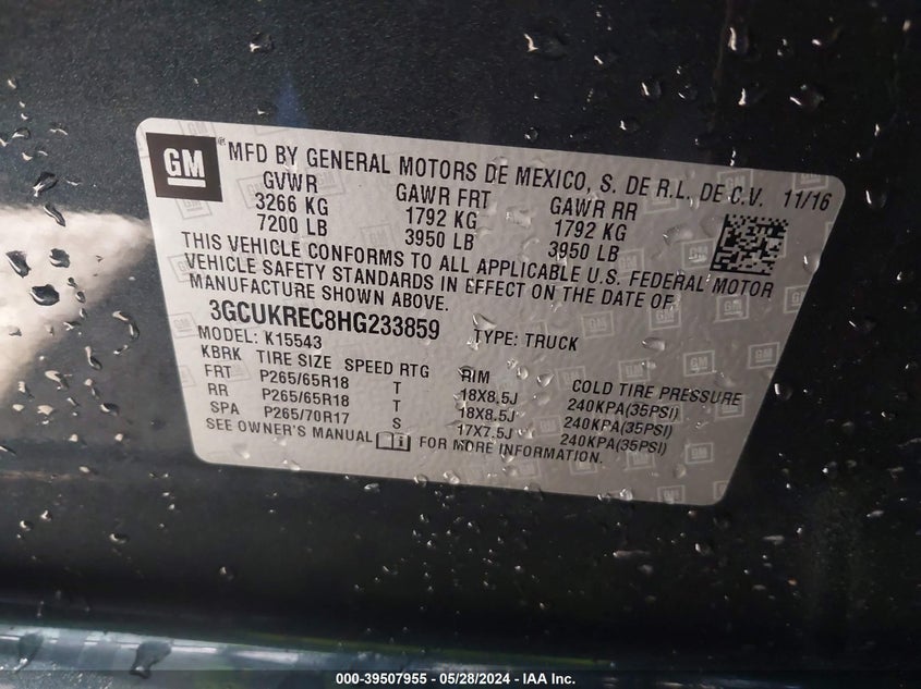 2017 Chevrolet Silverado 1500 2Lt VIN: 3GCUKREC8HG233859 Lot: 39507955